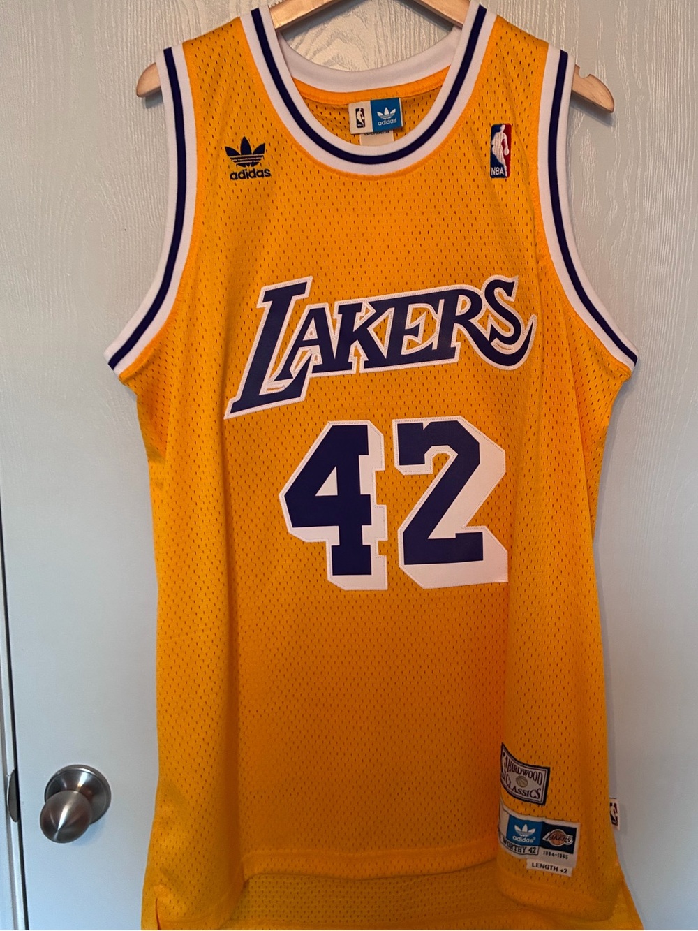 adidas Lakers Gold Mesh Basketball Jersey #42 with Purple Trim